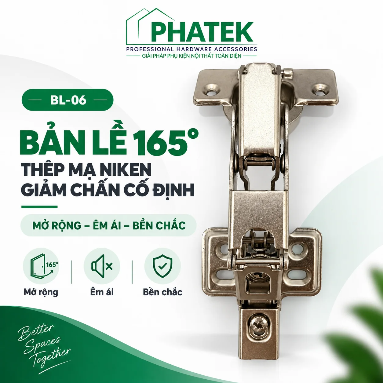 BL06 — Bản lề 165° thép mạ niken giảm chấn cố định