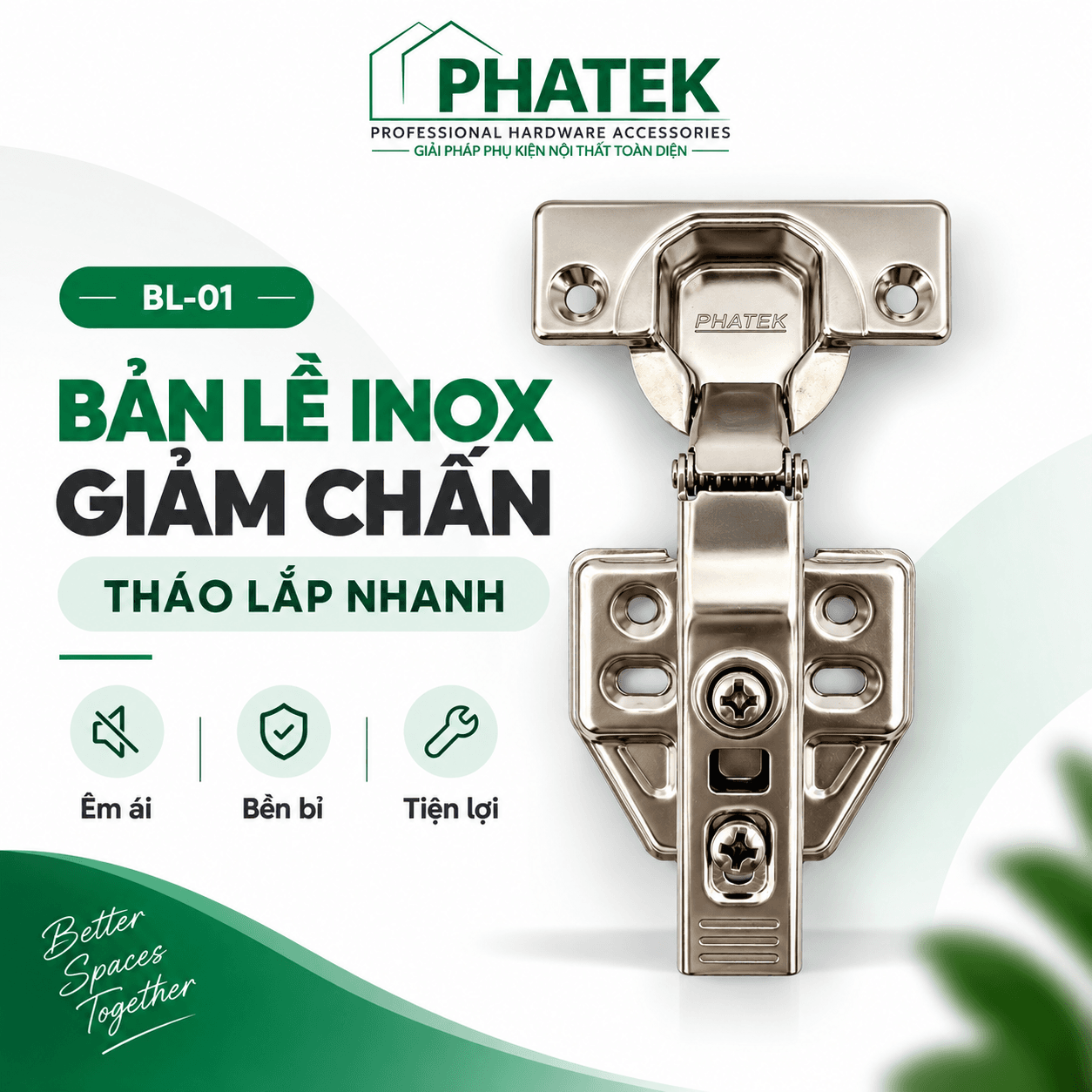BL01 — Bản lề inox giảm chấn tháo lắp nhanh