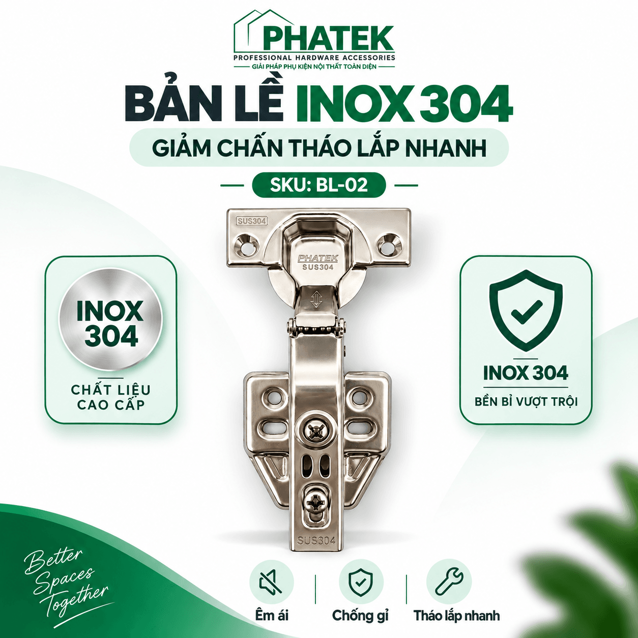 BL02 — Bản lề Inox 304 giảm chấn tháo lắp nhanh